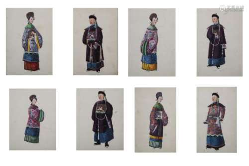 A CHINESE ALBUM OF TWELVE PITH PAINTINGS OF FIGURES IN COSTUMES.