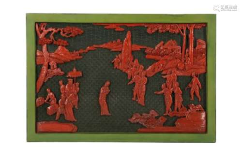 A CHINESE CINNABAR AND GREEN LACQUER FIGURATIVE PANEL.