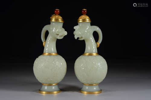 A Old Hetian jade carved gold wine pot for 2