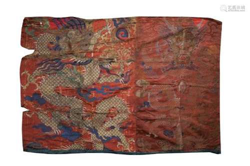 A CHINESE RED-GROUND 'DRAGON' TEXTILE PANEL.