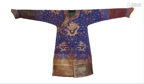 A CHINESE BLUE-GROUND EMBROIDERED 'DRAGON' SILK ROBE, JIFU.