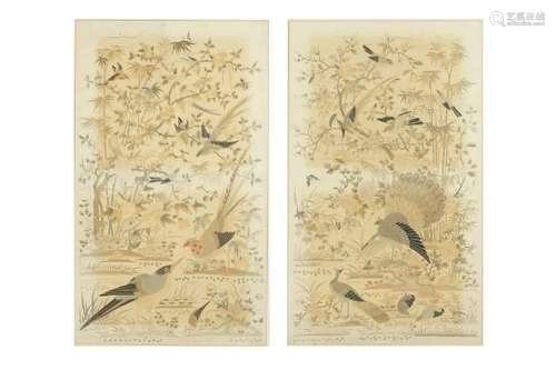 A PAIR OF CHINESE EMBROIDERED SILK 'HUNDRED BIRDS' TEXTILE PANELS.