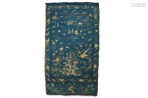 A LARGE CHINESE BLUE-GROUND ‘FANTASTIC LANDSCAPE’ SILK EMBROIDERY PANEL.