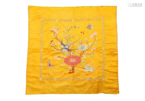 A CHINESE YELLOW-GROUND EMBROIDERED SILK CUSHION COVER.