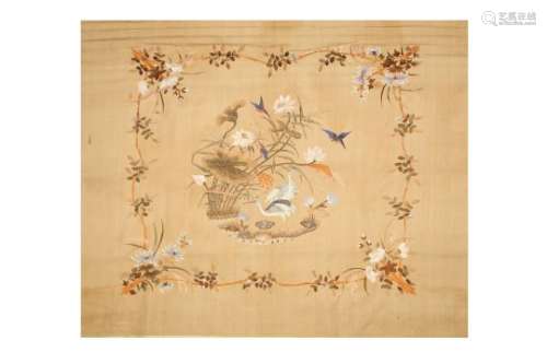 A VIETNAMESE YELLOW-GROUND EMBROIDERED TEXTILE PANEL.