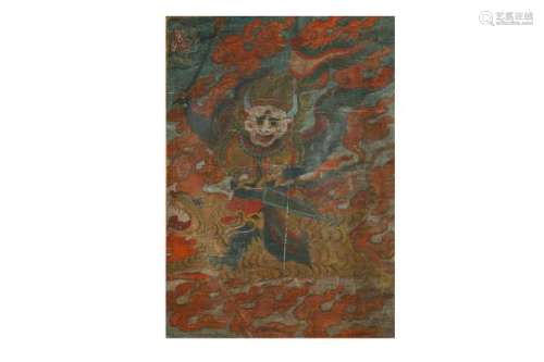 A TIBETAN THANGKA OF A BUDDHIST GUARDIAN.