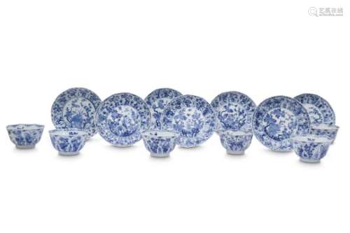 SIX CHINESE BLUE AND WHITE 'LOTUS PETALS' CUPS AND SEVEN SAUCERS.
