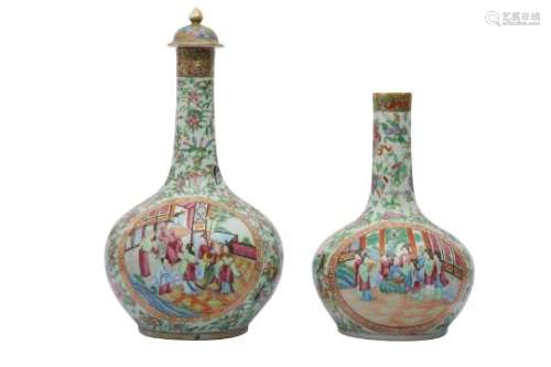 TWO CANTON FAMILLE ROSE BOTTLE VASES AND COVER.