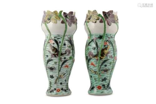A PAIR OF CHINESE FAMILLE VERTE 'FISH POND' VASES.
