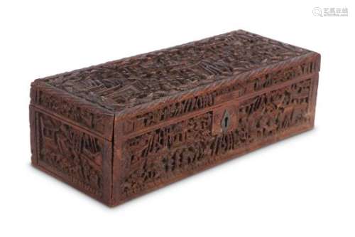A CHINESE CANTON CARVED WOOD BOX.