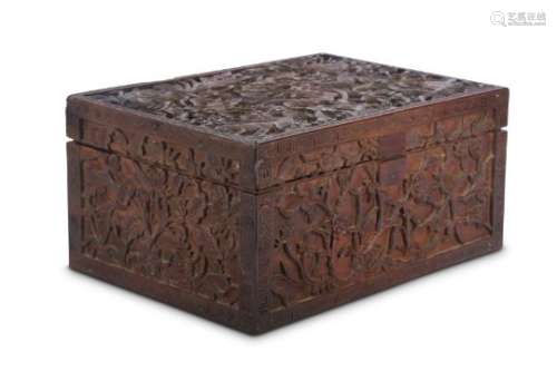 A CHINESE WOOD RECTANGULAR 'MYTHICAL BEASTS' BOX.
