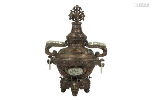 A CHINESE JADE AND HARSTONE INSET WHITE METAL INCENSE BURNER.