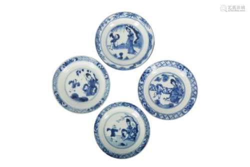 FOUR CHINESE BLUE AND WHITE 'LADY AND BOY' SAUCERS.