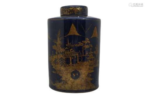 A LARGE CHINESE BLUE-GROUND 'LANDSCAPE' TEA CADDY AND COVER.