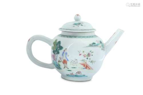A CHINESE FAMILLE ROSE 'MAN AND HIS DOG' TEAPOT AND COVER.