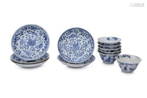 SIX CHINESE BLUE AND WHITE CUPS AND FIVE SAUCERS.
