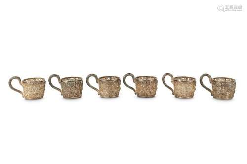 A SET OF SIX CHINESE SILVER RETICULATED CUP HOLDERS.