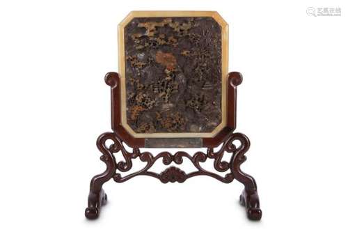 A CHINESE CARVED SOAPSTONE TABLE SCREEN.