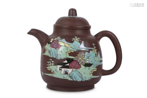 A CHINESE YIXING ZISHA 'LANDSCAPE' TEAPOT AND COVER.