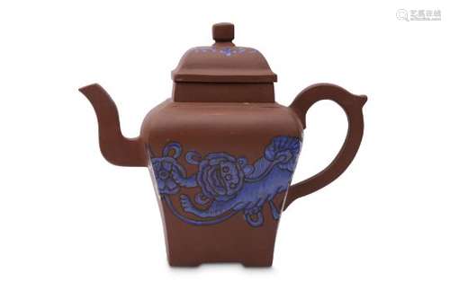 A CHINESE SQUARE-SECTION ENAMELLED YIXING ZISHA TEAPOT AND COVER.