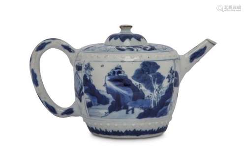 A CHINESE BLUE AND WTHIE TEAPOT AND COVER.