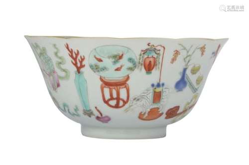 A CHINESE FAMILLE ROSE 'SCHOLAR'S OBJECTS' BOWL.