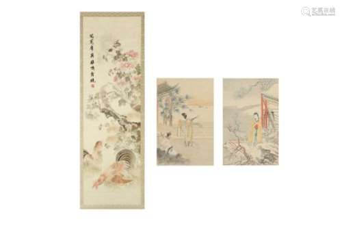 A PAIR OF CHINESE PAINTINGS OF LADIES AND AN EMBROIDERED PANEL.