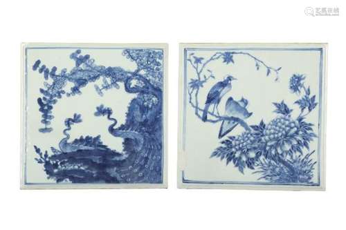 A PAIR OF CHINESE BLUE AND WHITE 'BIRDS' PANELS.