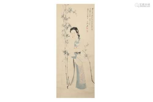 A CHINESE INK PAINTING OF A LADY.