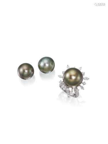 A BLACK CULTURED PEARL AND DIAMOND SUITE (2)