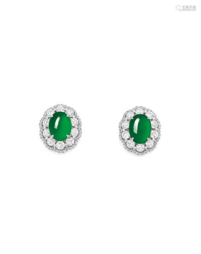 A PAIR OF JADEITE CABOCHON AND DIAMOND EARRINGS