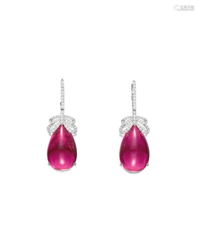 A PAIR OF RUBELLITE AND DIAMOND EAR PENDANTS