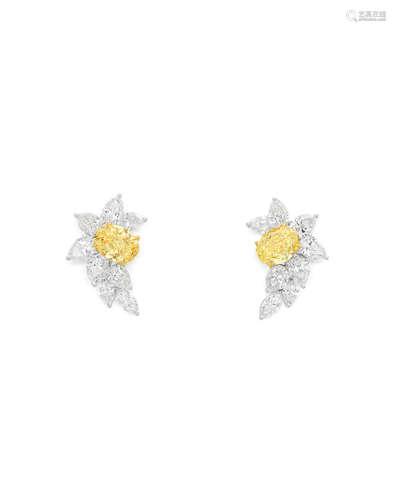 A PAIR OF COLOURED DIAMOND AND DIAMOND EARSTUDS