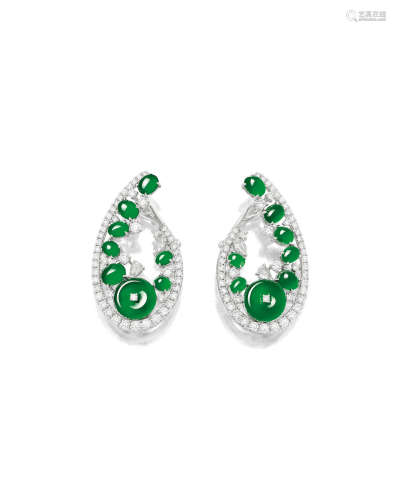 A PAIR OF JADEITE AND DIAMOND EARCLIPS