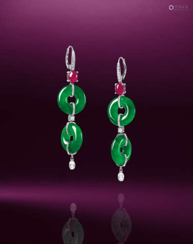 A RARE AND FINE PAIR OF JADEITE, RUBY AND DIAMOND EAR PENDANTS