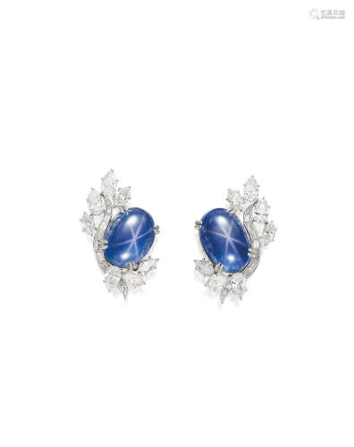A PAIR OF STAR SAPPHIRE AND DIAMOND EARCLIPS