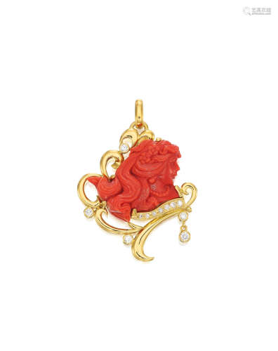 A CORAL AND DIAMOND PENDANT, WALLACE CHAN
