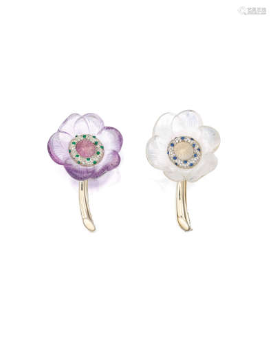 A PAIR OF MULTI-GEM AND DIAMOND FLOWER BROOCHES (2)