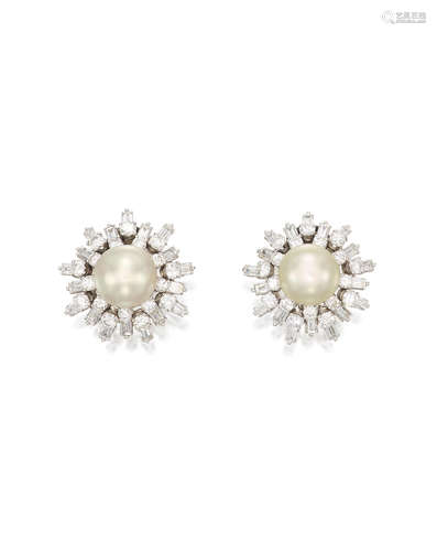 A PAIR OF PEARL AND DIAMOND EARCLIPS, STERLÉ, PARIS