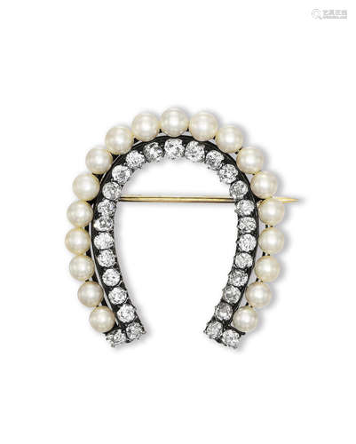 AN ANTIQUE PEARL, CULTURED PEARL AND DIAMOND BROOCH, MID 19TH CENTURY