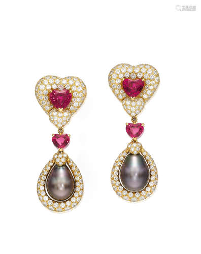 A PAIR OF RUBELLITE TOURMALINE, BLACK CULTURED PEARL AND DIAMOND EARPENDANTS