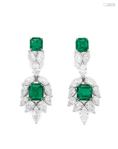 A FINE PAIR OF EMERALD AND DIAMOND EAR PENDANTS