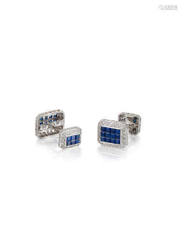 A PAIR OF SAPPHIRE AND DIAMOND CUFFLINKS