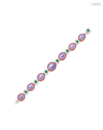 A JADEITE, PINK SAPPHIRE AND DIAMOND BRACELET