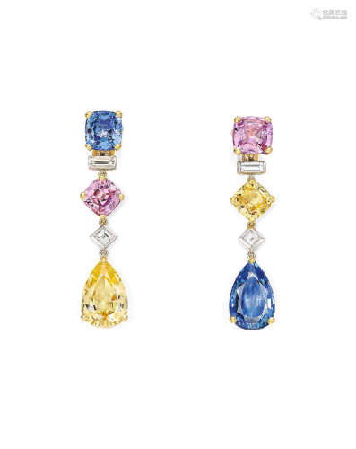 A PAIR OF FANCY COLOURED SAPPHIRE AND DIAMOND EARPENDANTS