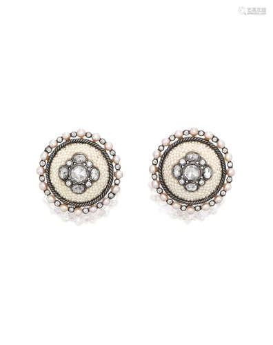 A PAIR OF DIAMOND AND SEED PEARL EARCLIPS