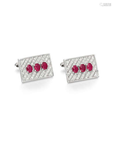 A PAIR OF RUBY AND DIAMOND CUFFLINKS