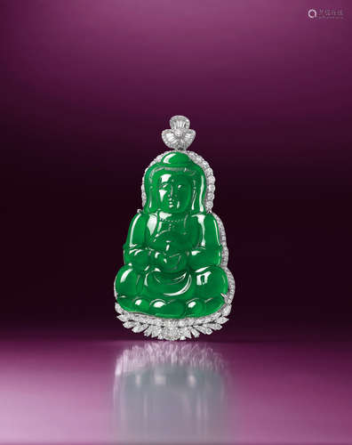 A JADEITE AND DIAMOND 'GUANYIN' PENDANT