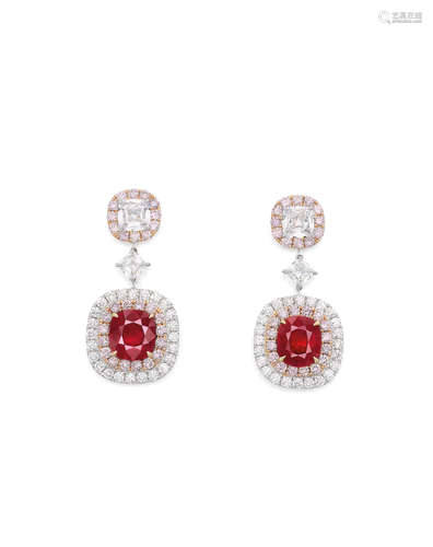 A PAIR OF RUBY, DIAMOND AND COLOURED DIAMOND EARPENDANTS