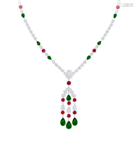 AN EMERALD, RUBY AND DIAMOND 'CHANDELIER' PENDANT NECKLACE, GRAFF